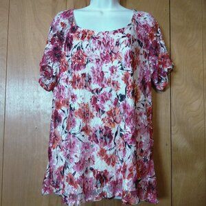 NY Collection Women's Large Short Sleeve Layered Floral Lace Blouse Pullover New